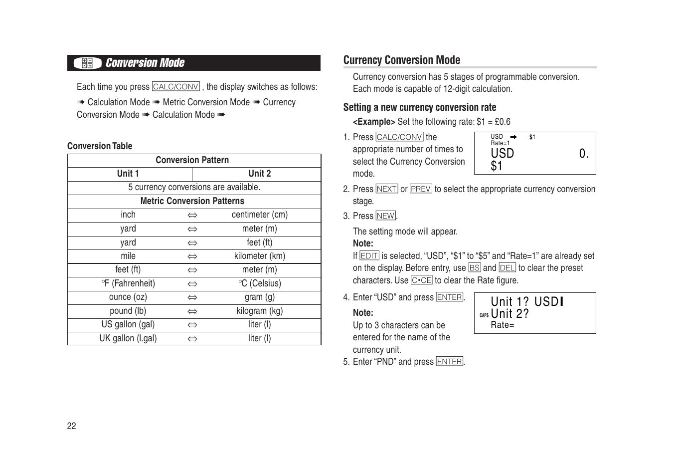 Conversion mode, Usd 0. $1 unit 1? usd, Iunit 2 | Sharp Electronic Organizer YO-270 User Manual | Page 24 / 52