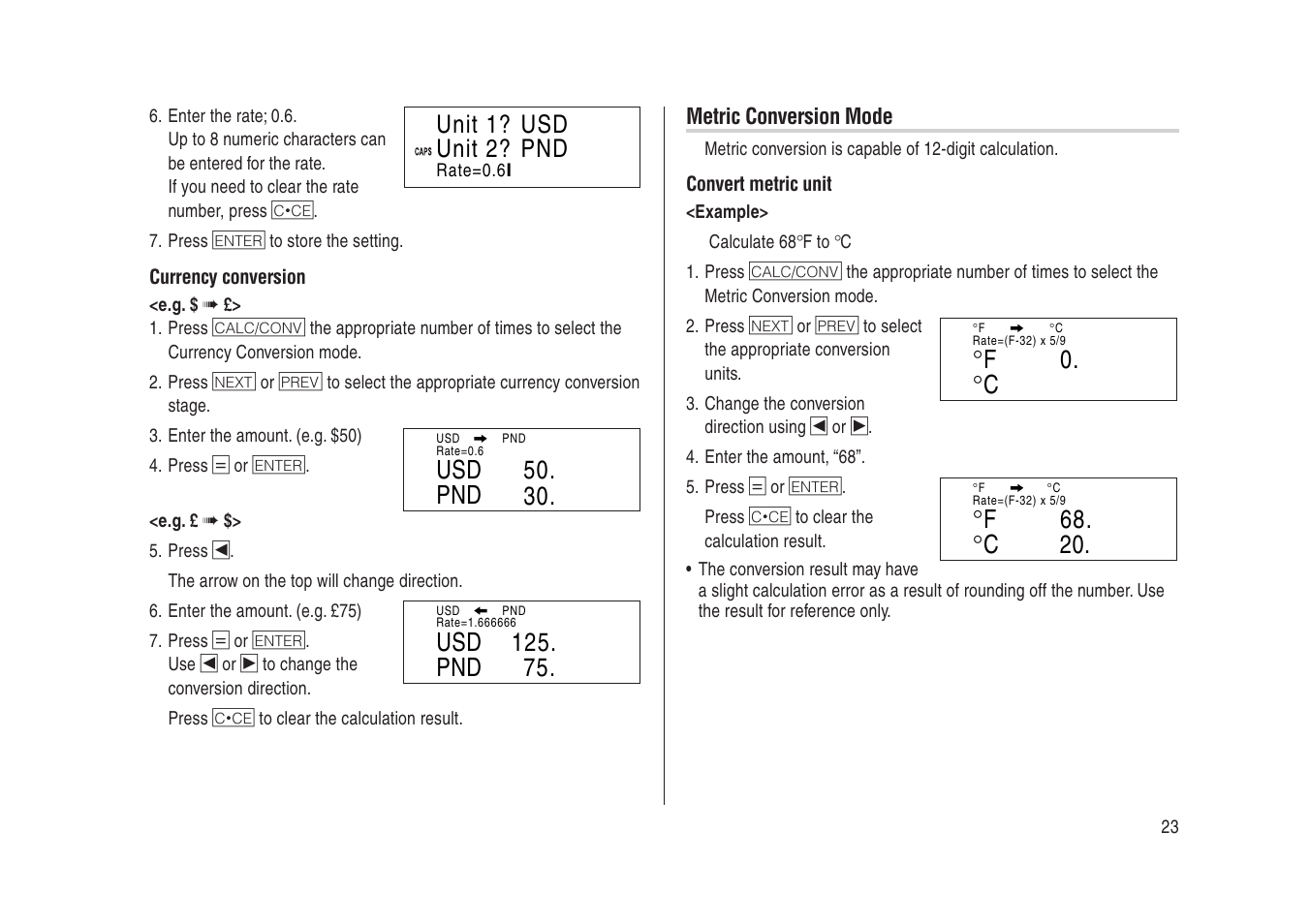 Usd 50. 30. pnd, F 0. °c, F 68. °c 20 | Sharp Electronic Organizer YO-270 User Manual | Page 25 / 52