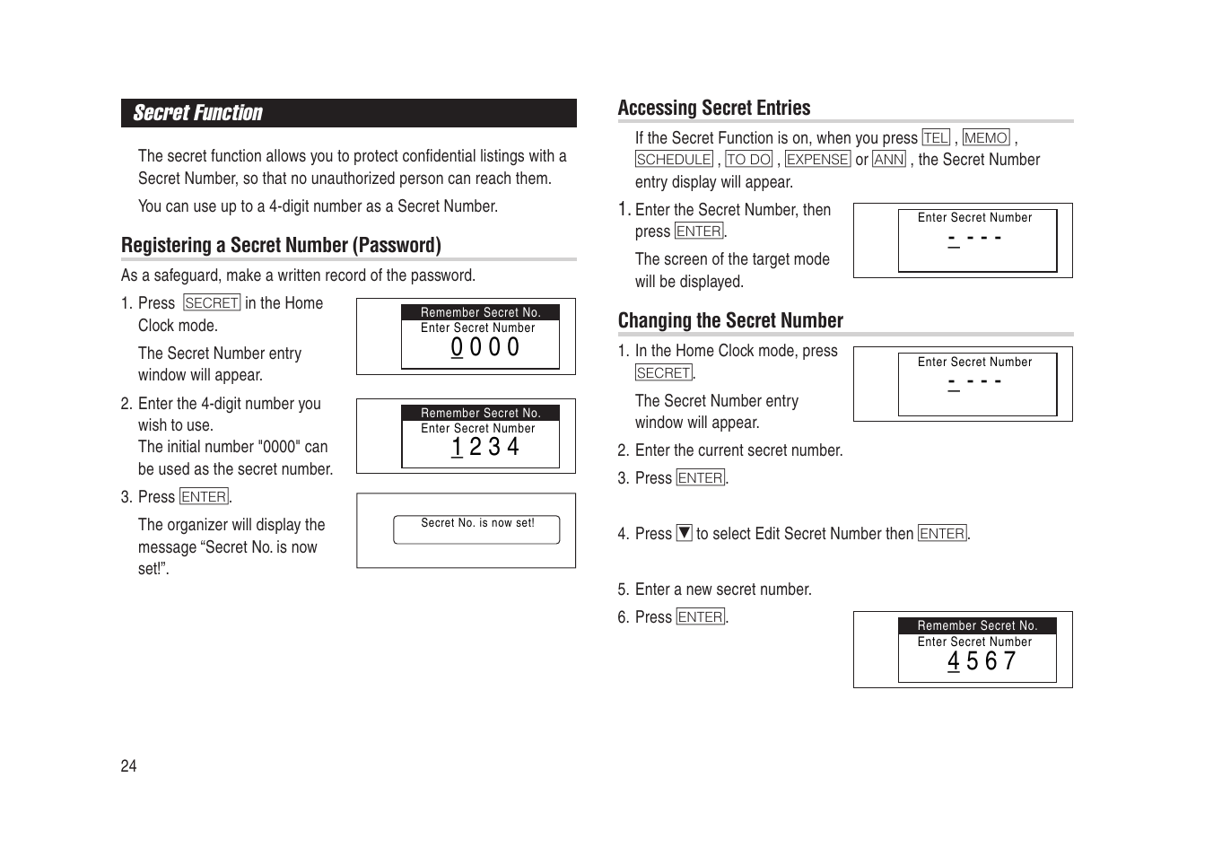 Secret function | Sharp Electronic Organizer YO-270 User Manual | Page 26 / 52