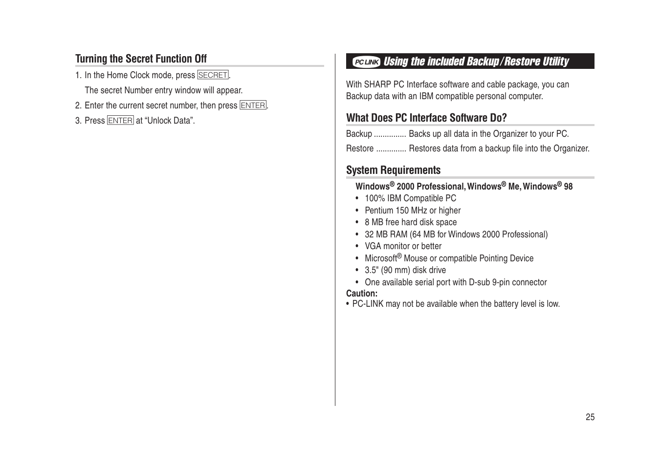 Using the included backup / restore utility | Sharp Electronic Organizer YO-270 User Manual | Page 27 / 52