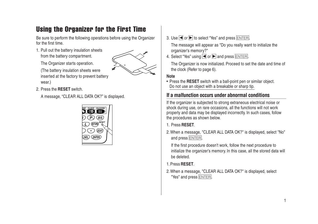 Using the organizer for the first time | Sharp Electronic Organizer YO-270 User Manual | Page 3 / 52