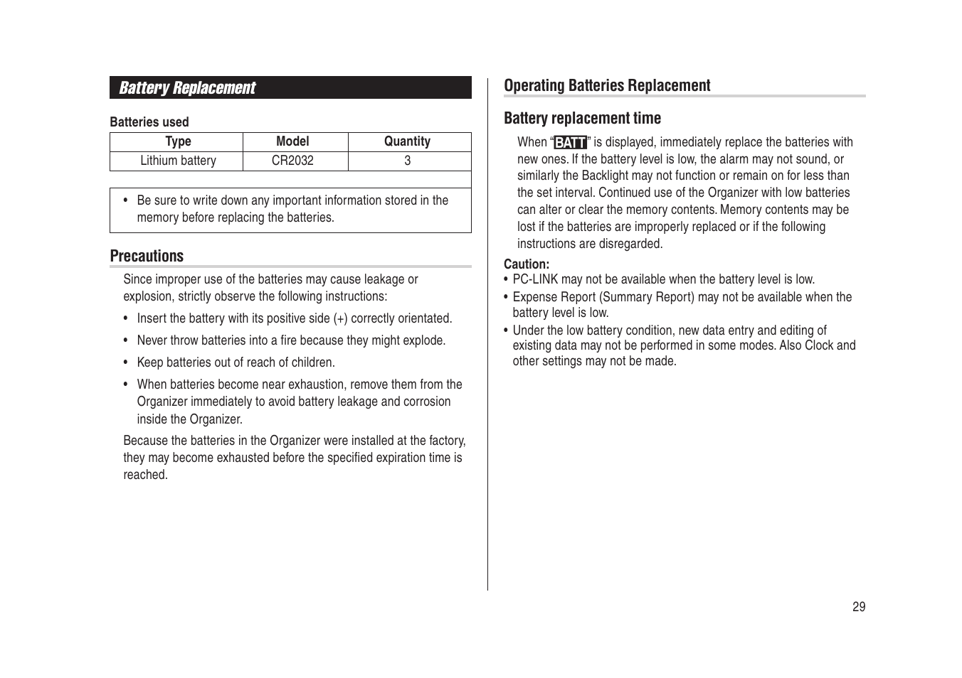 Battery replacement | Sharp Electronic Organizer YO-270 User Manual | Page 31 / 52