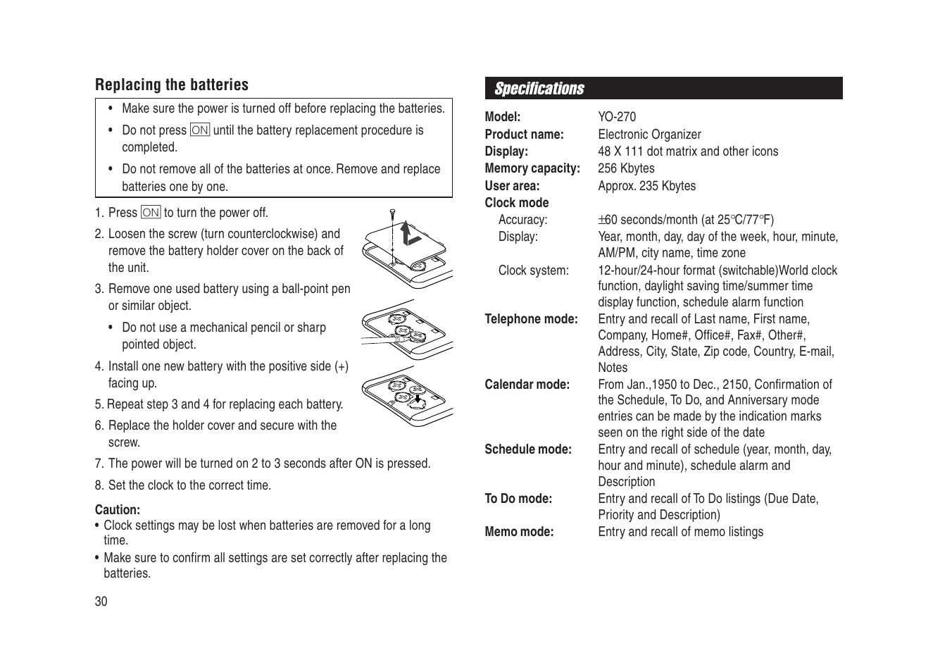 Specifications | Sharp Electronic Organizer YO-270 User Manual | Page 32 / 52