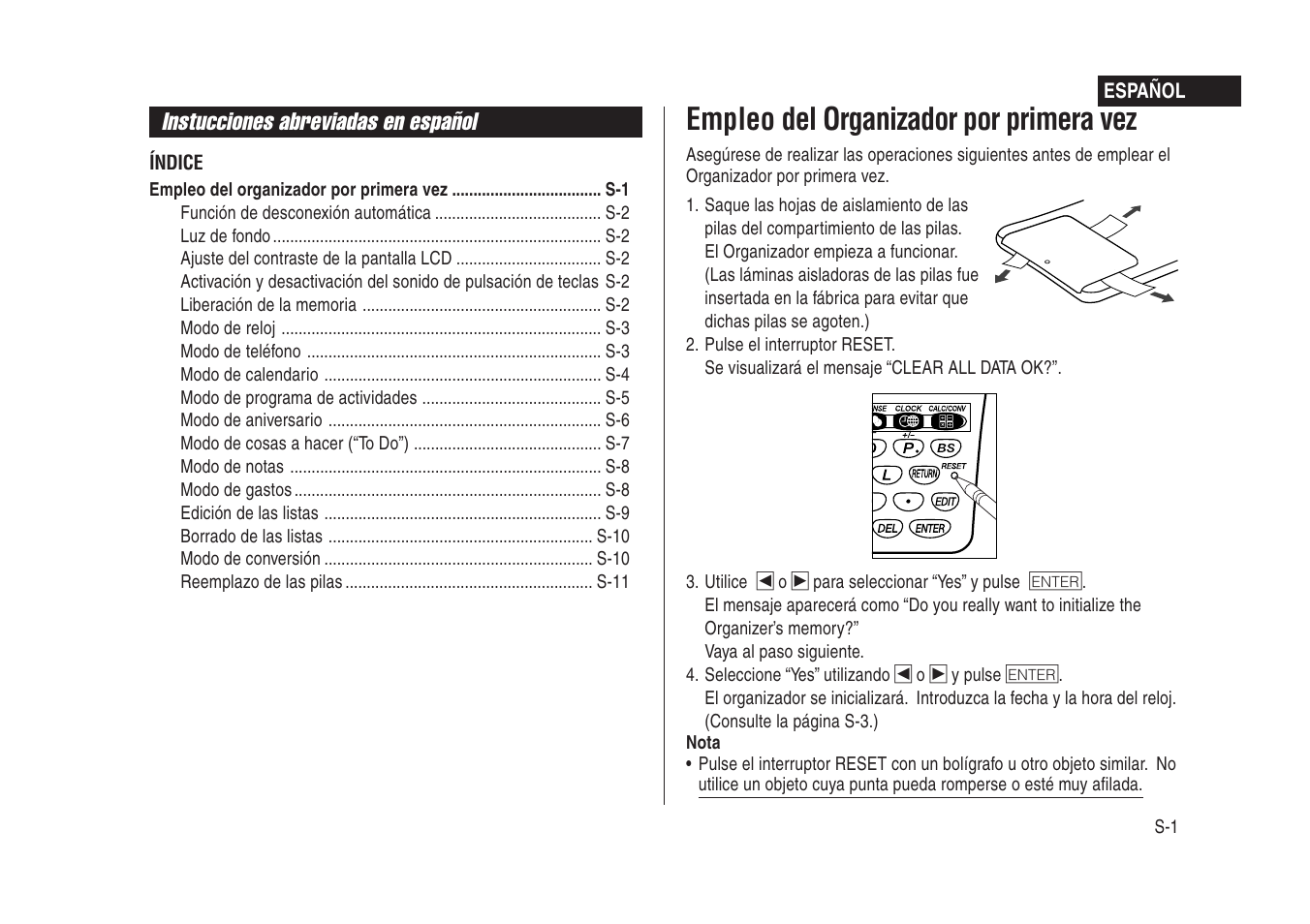 Empleo del organizador por primera vez, Instucciones abreviadas en español | Sharp Electronic Organizer YO-270 User Manual | Page 35 / 52