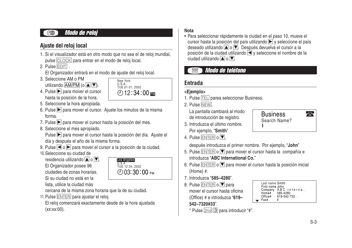 Modo de reloj, Modo de teléfono, Business | Sharp Electronic Organizer YO-270 User Manual | Page 37 / 52