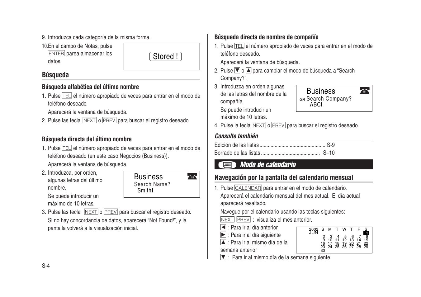 Stored, Business, Modo de calendario | Búsqueda, Navegación por la pantalla del calendario mensual | Sharp Electronic Organizer YO-270 User Manual | Page 38 / 52