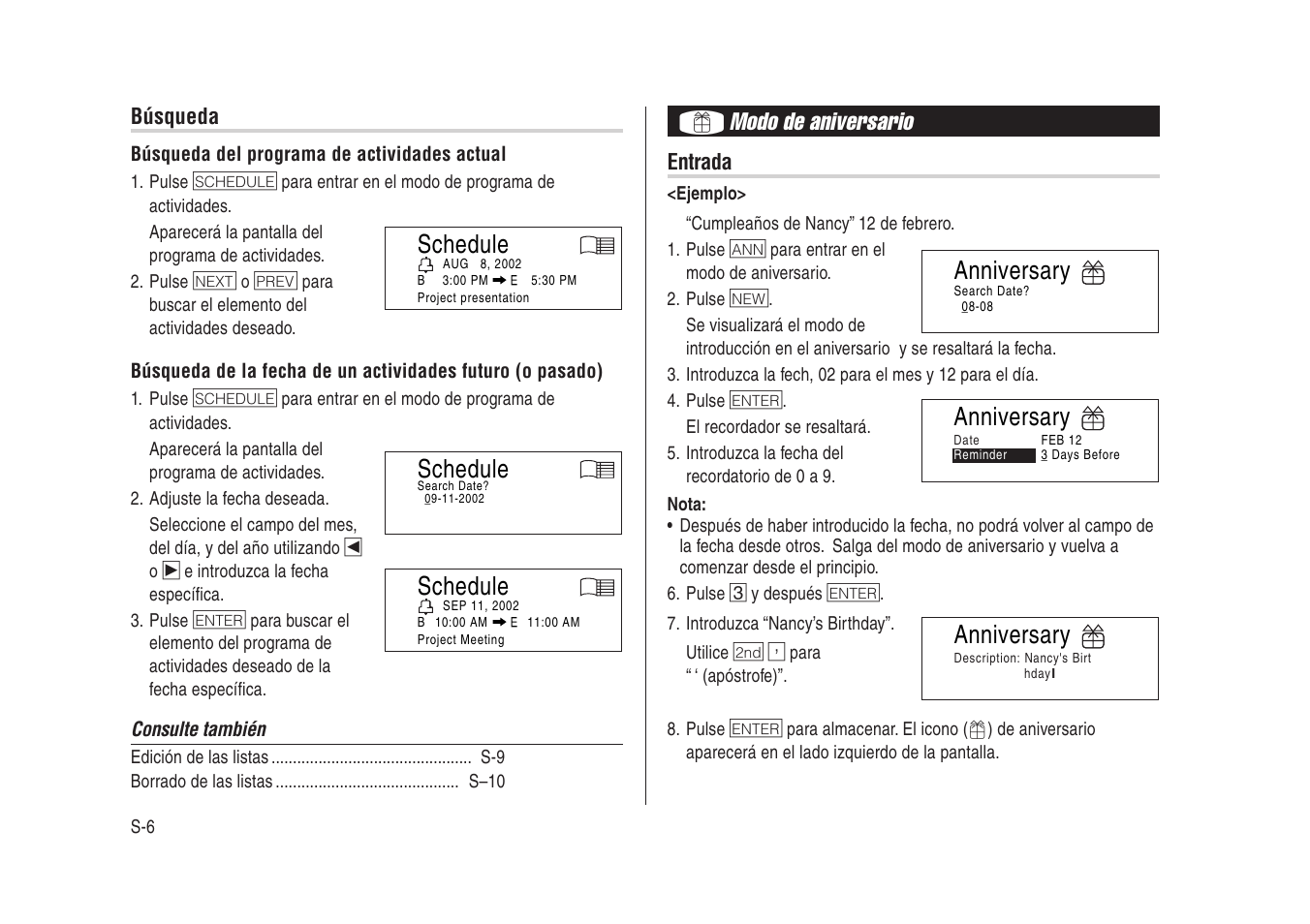 Schedule, Modo de aniversario, Anniversary | Búsqueda, Entrada | Sharp Electronic Organizer YO-270 User Manual | Page 40 / 52