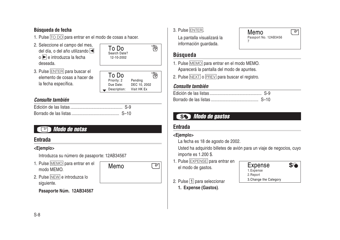 Modo de notas, Modo de gastos, Expense | Sharp Electronic Organizer YO-270 User Manual | Page 42 / 52