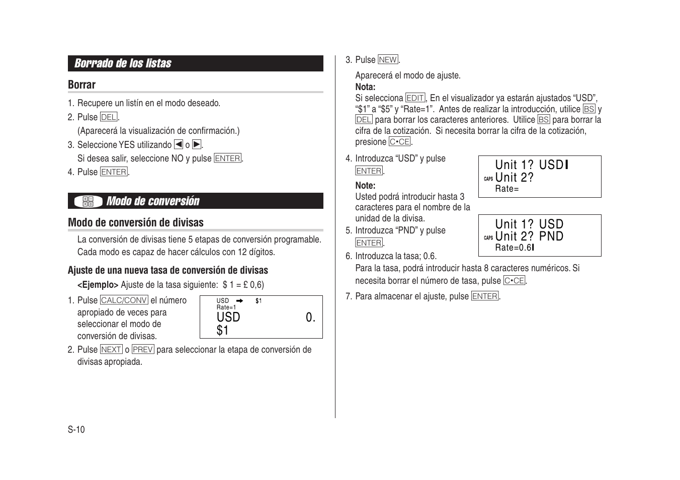 Borrado de los listas, Modo de conversión, Usd 0. $1 unit 1? usd | Iunit 2, Unit 1? usd pnd unit 2 | Sharp Electronic Organizer YO-270 User Manual | Page 44 / 52