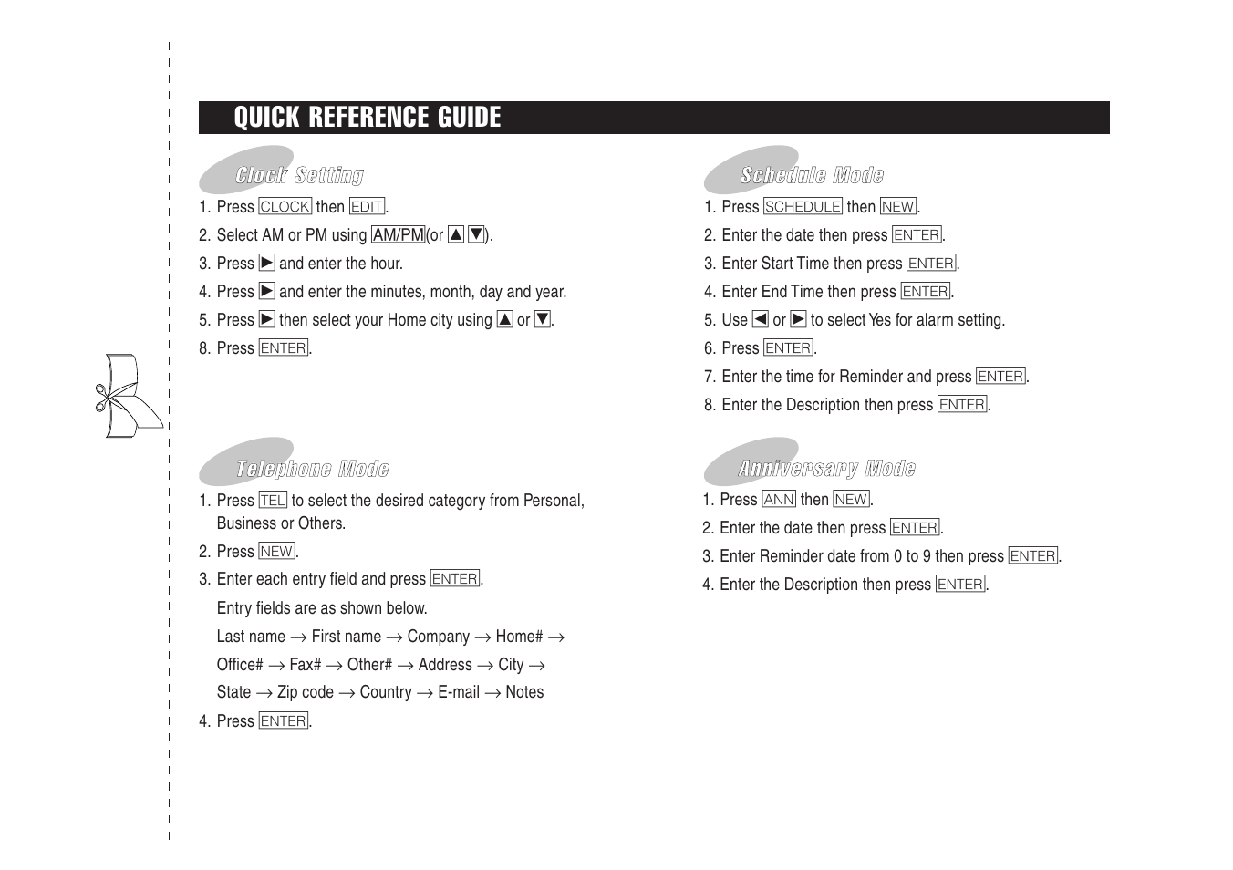 Quick reference guide, Clock setting, Schedule mode | Telephone mode, Anniversary mode | Sharp Electronic Organizer YO-270 User Manual | Page 49 / 52