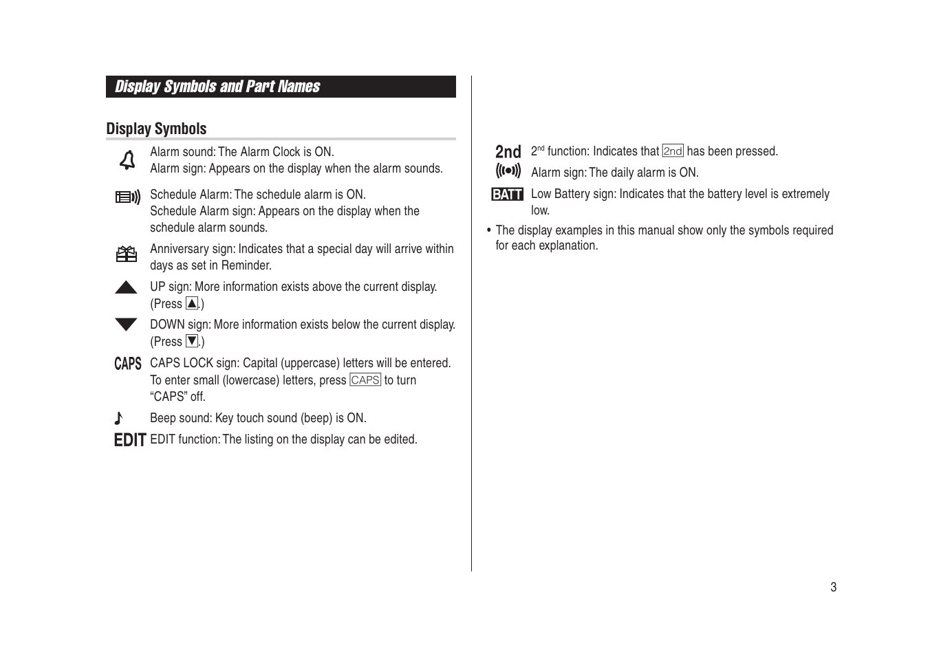 Display symbols and part names | Sharp Electronic Organizer YO-270 User Manual | Page 5 / 52