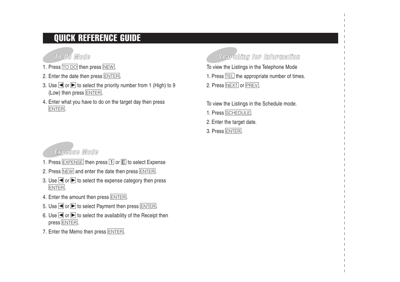 Quick reference guide, Searching for information, Expense mode | Sharp Electronic Organizer YO-270 User Manual | Page 50 / 52