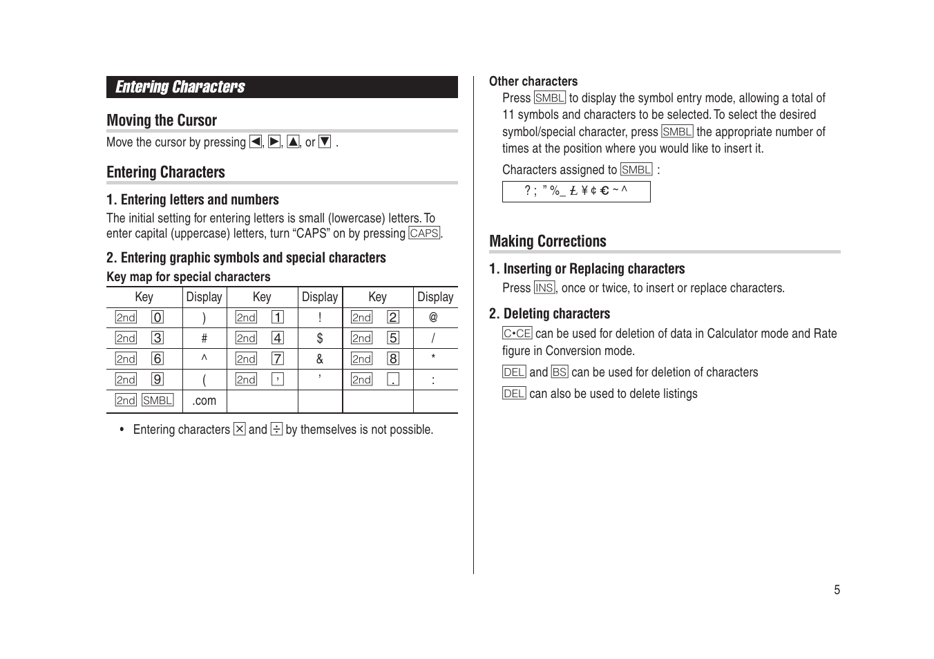 Entering characters | Sharp Electronic Organizer YO-270 User Manual | Page 7 / 52