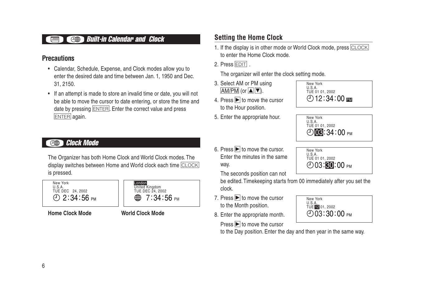 Built-in calendar and clock, Clock mode | Sharp Electronic Organizer YO-270 User Manual | Page 8 / 52