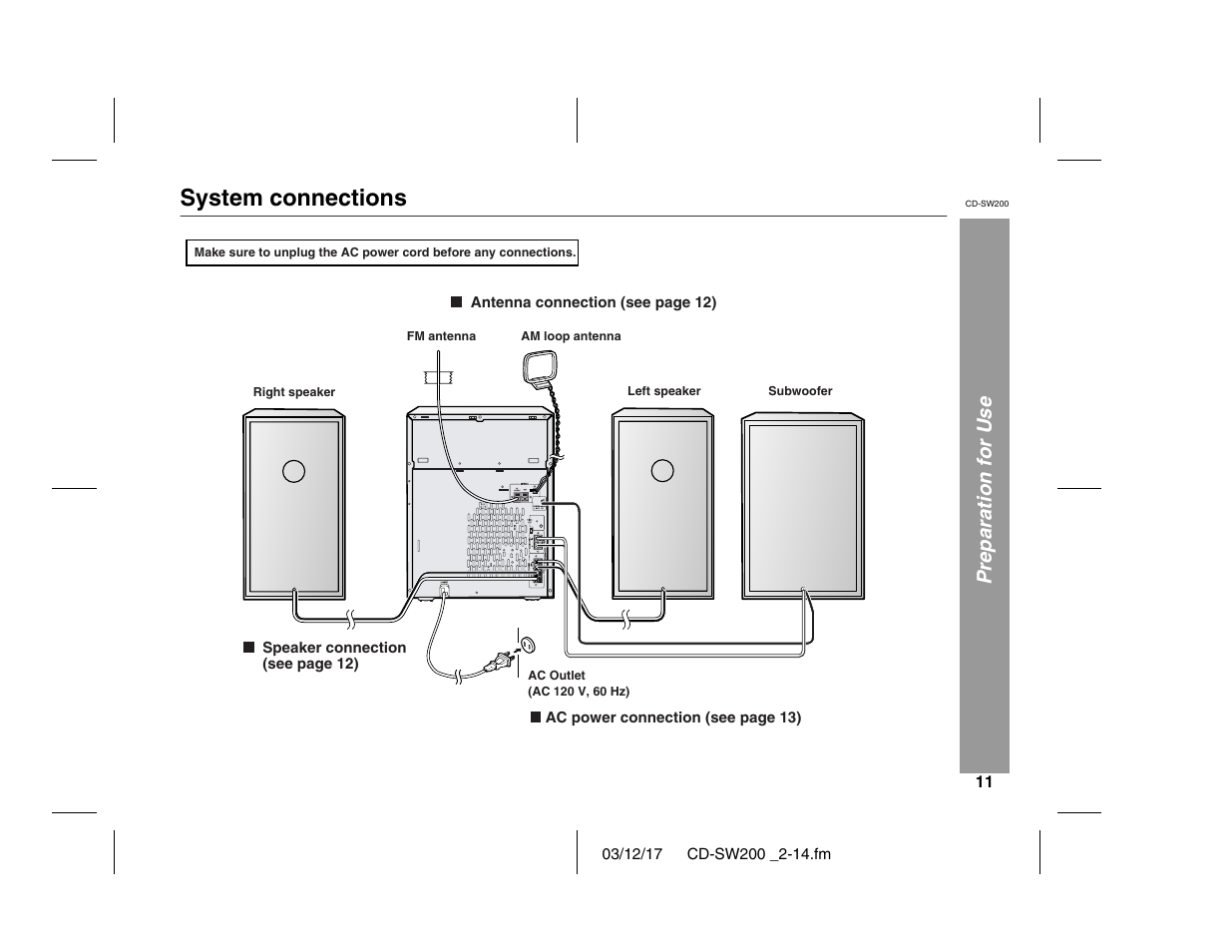 System connections, Preparation for use | Sharp CD-SW200 User Manual | Page 11 / 44