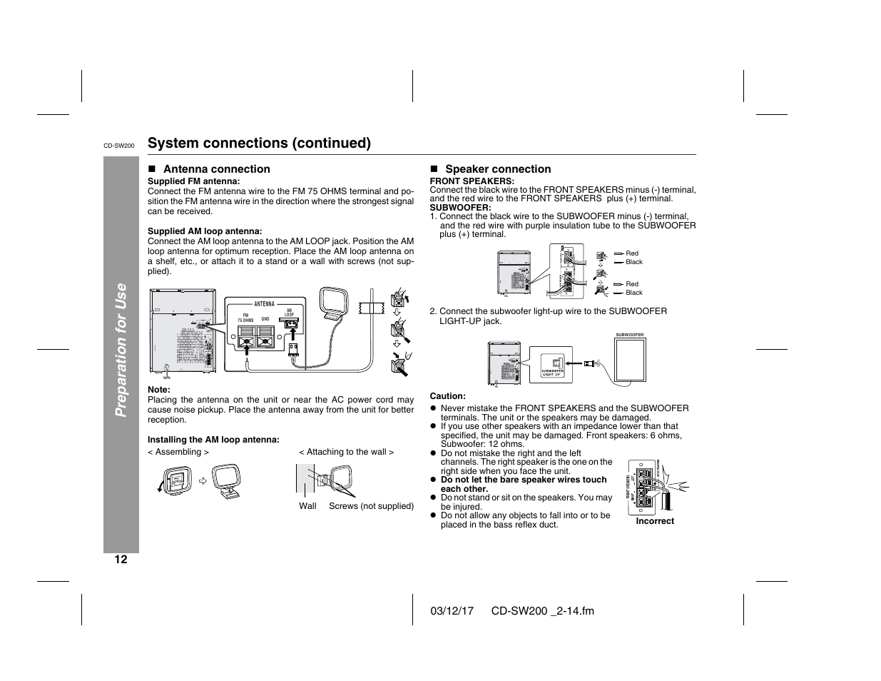 Preparation for use system connections (continued) | Sharp CD-SW200 User Manual | Page 12 / 44