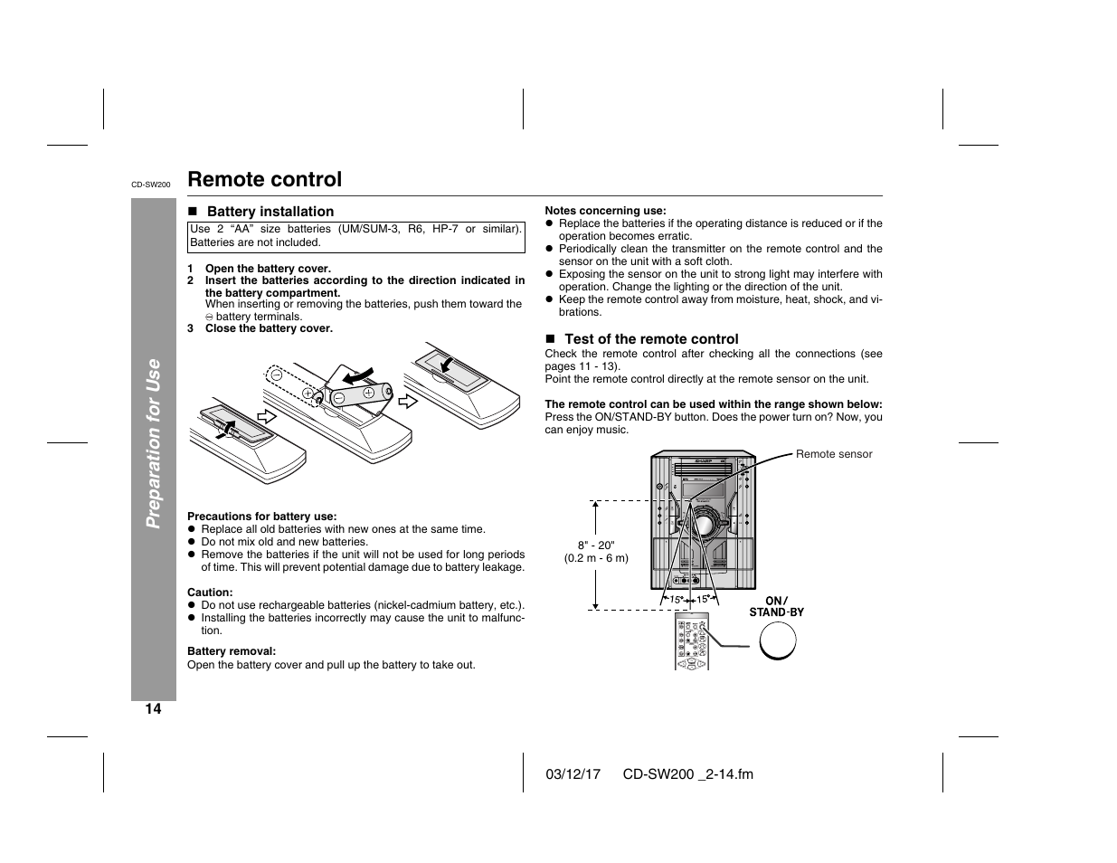 Remote control, Preparation for use | Sharp CD-SW200 User Manual | Page 14 / 44