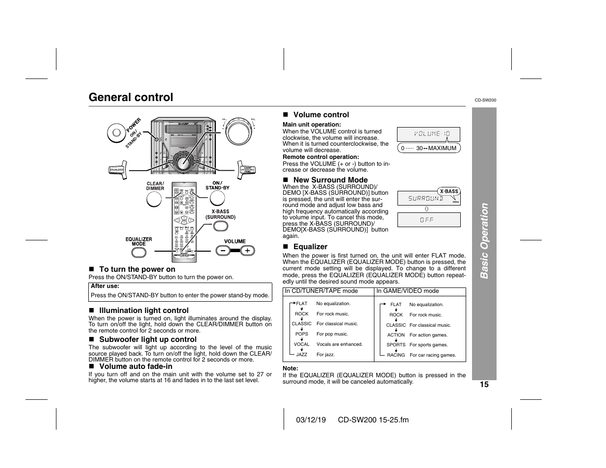 General control, Basic operation | Sharp CD-SW200 User Manual | Page 15 / 44