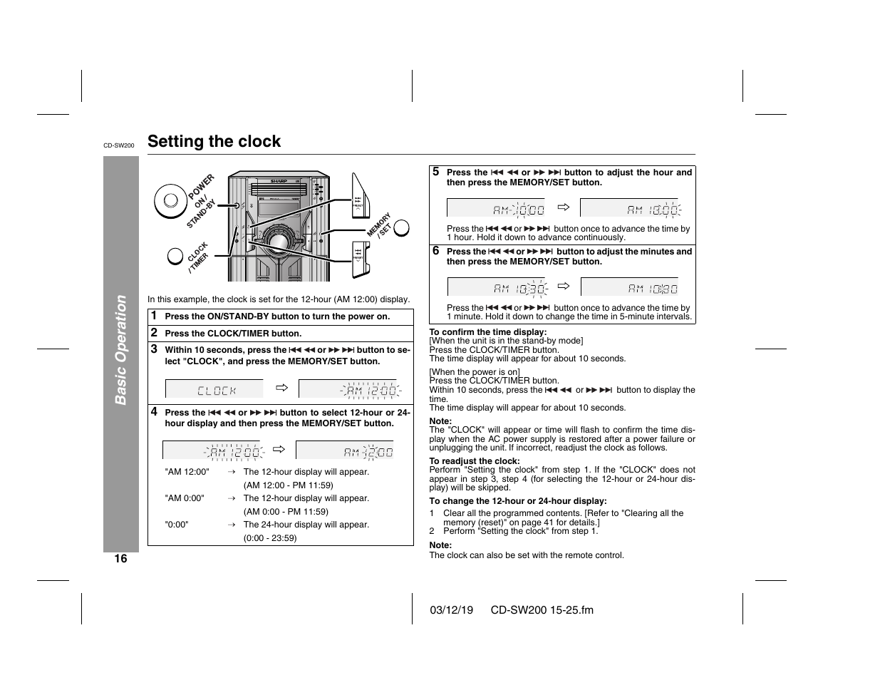 Setting the clock, Basic operation | Sharp CD-SW200 User Manual | Page 16 / 44