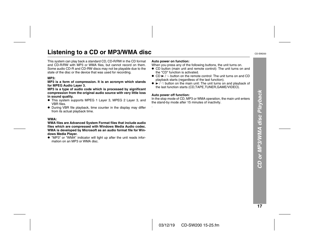 Listening to a cd or mp3/wma disc, Cd or mp3/wma disc playback | Sharp CD-SW200 User Manual | Page 17 / 44