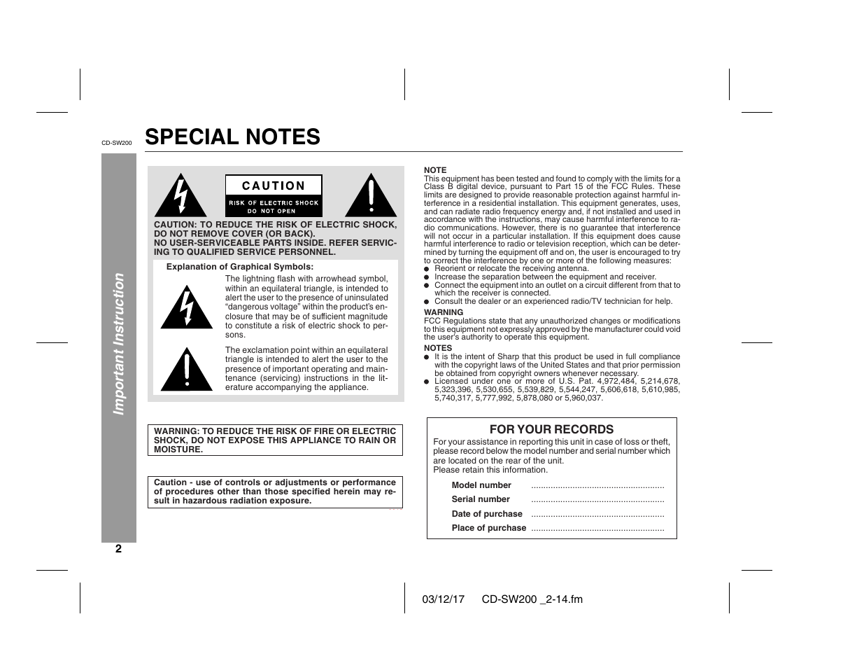 Important instruction | Sharp CD-SW200 User Manual | Page 2 / 44