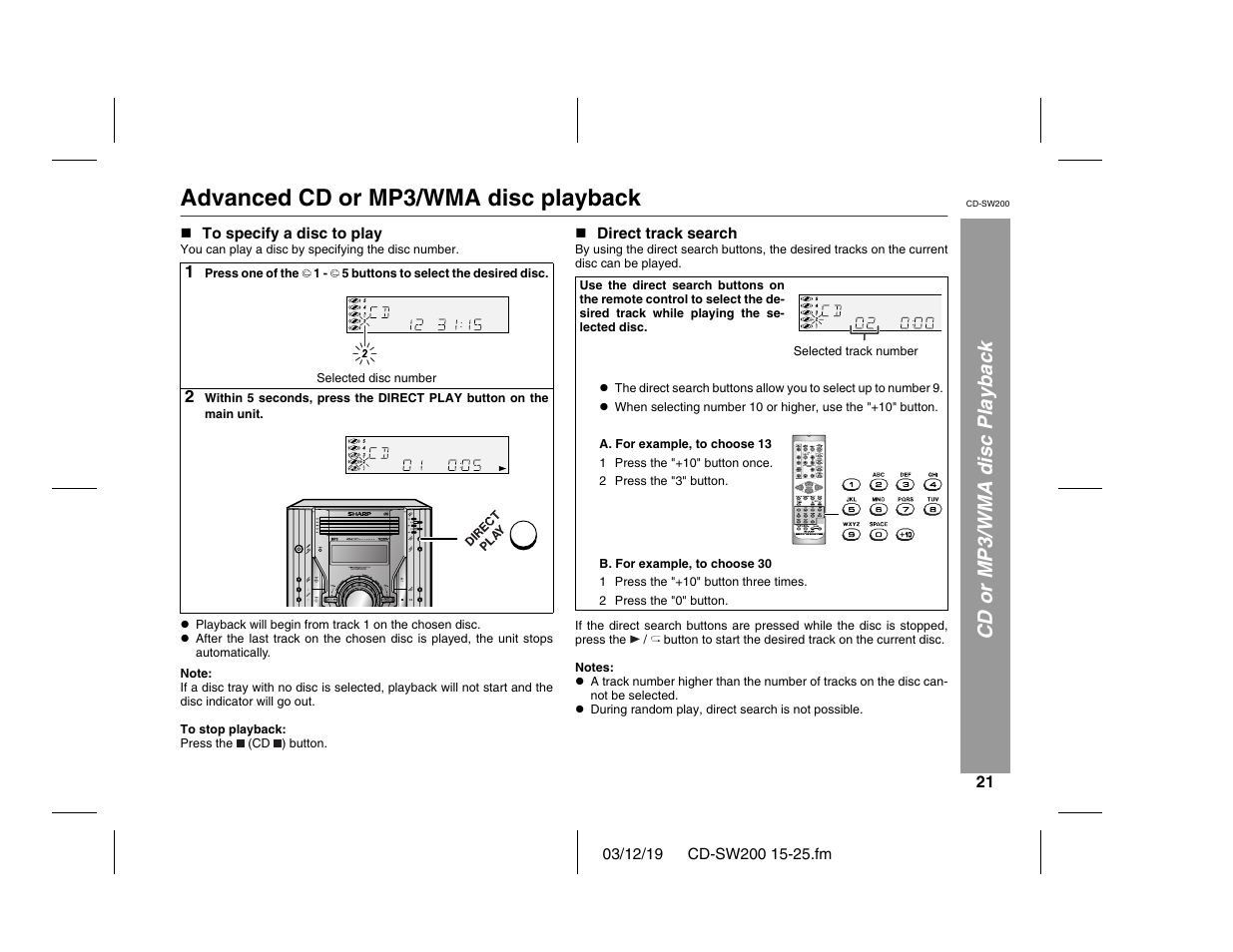 Advanced cd or mp3/wma disc playback, Cd or mp3/wma disc playback | Sharp CD-SW200 User Manual | Page 21 / 44