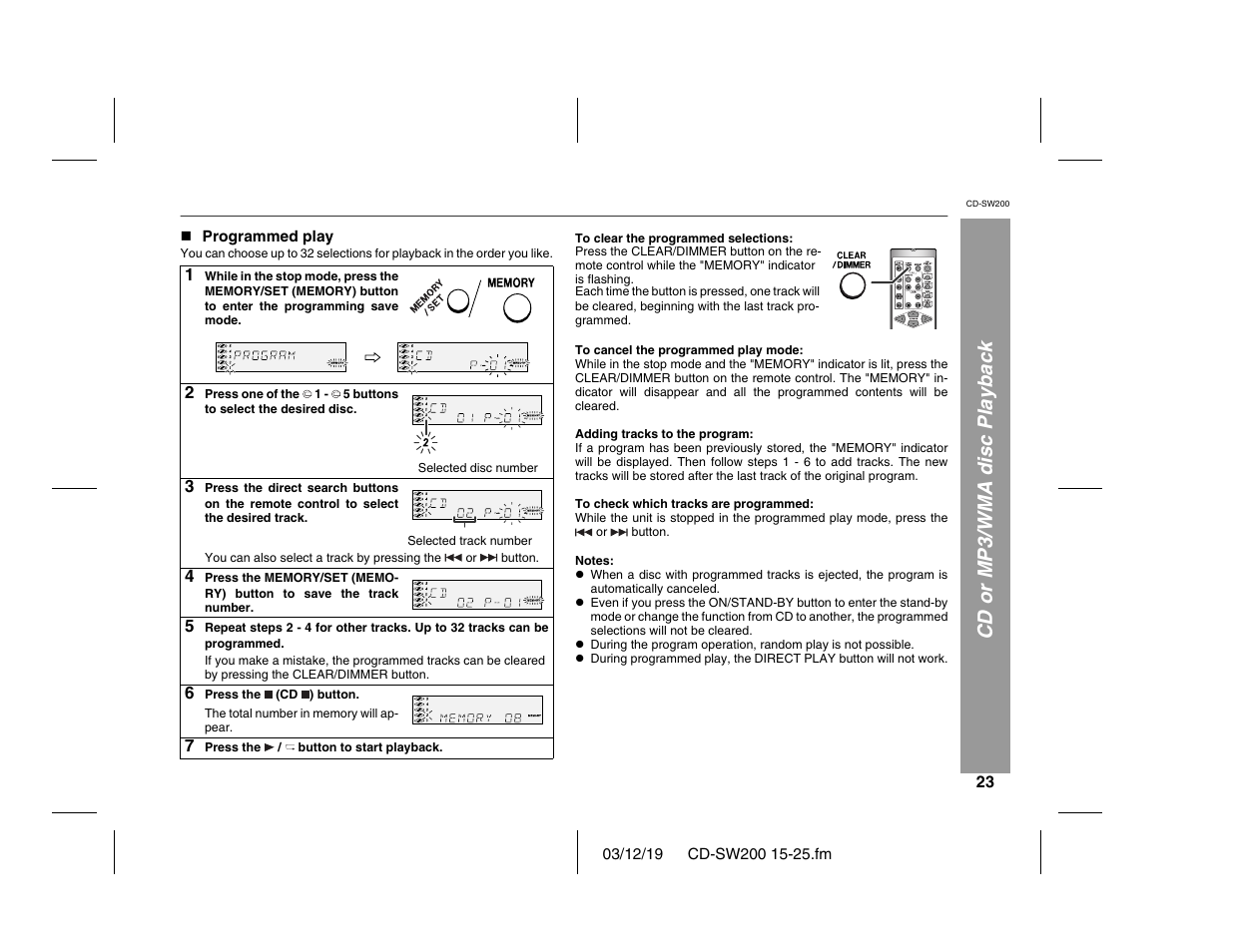 Cd or mp3/wma disc playback | Sharp CD-SW200 User Manual | Page 23 / 44