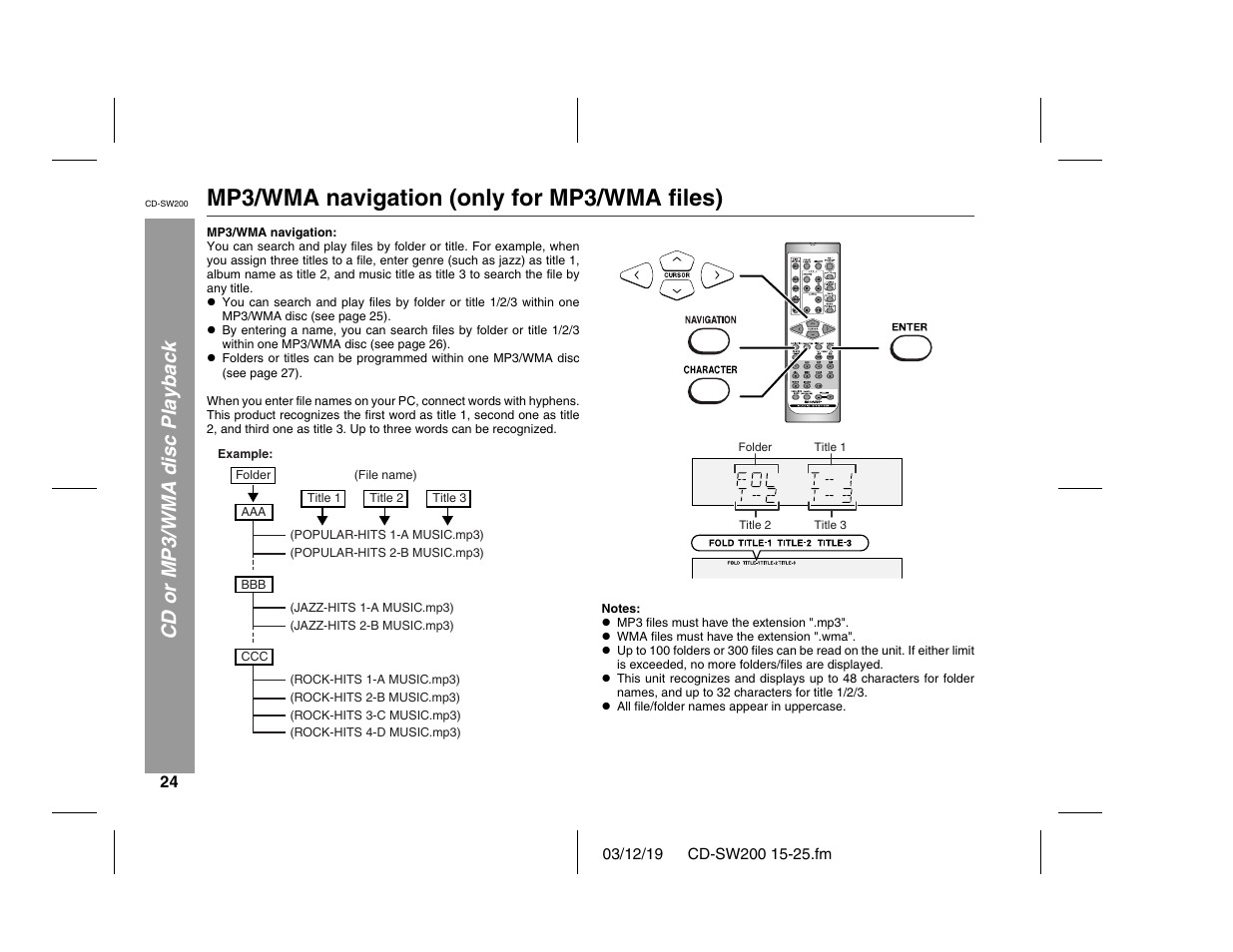 Mp3/wma navigation (only for mp3/wma files), Cd or mp3/wma disc playback | Sharp CD-SW200 User Manual | Page 24 / 44