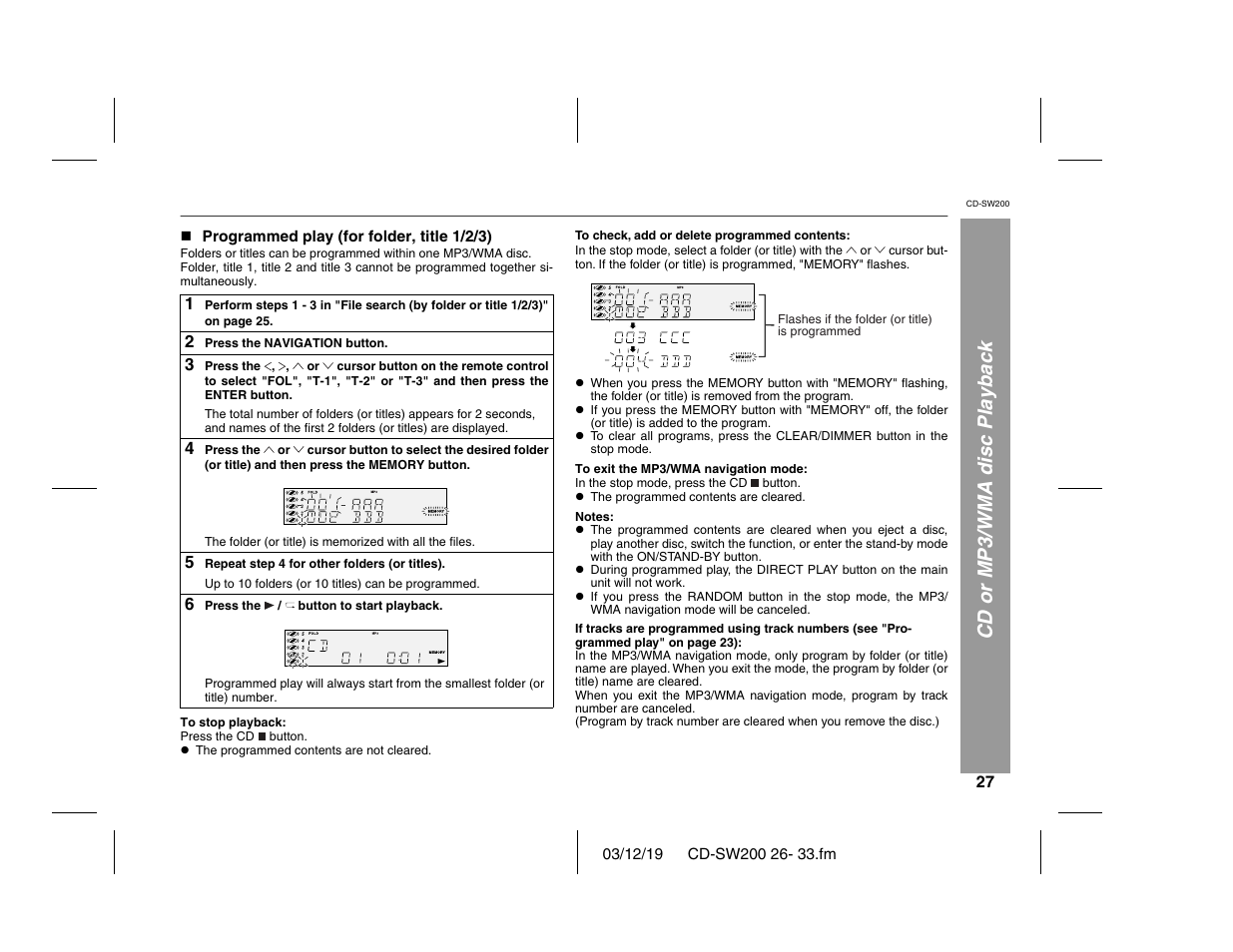 Cd or mp3/wma disc playback | Sharp CD-SW200 User Manual | Page 27 / 44