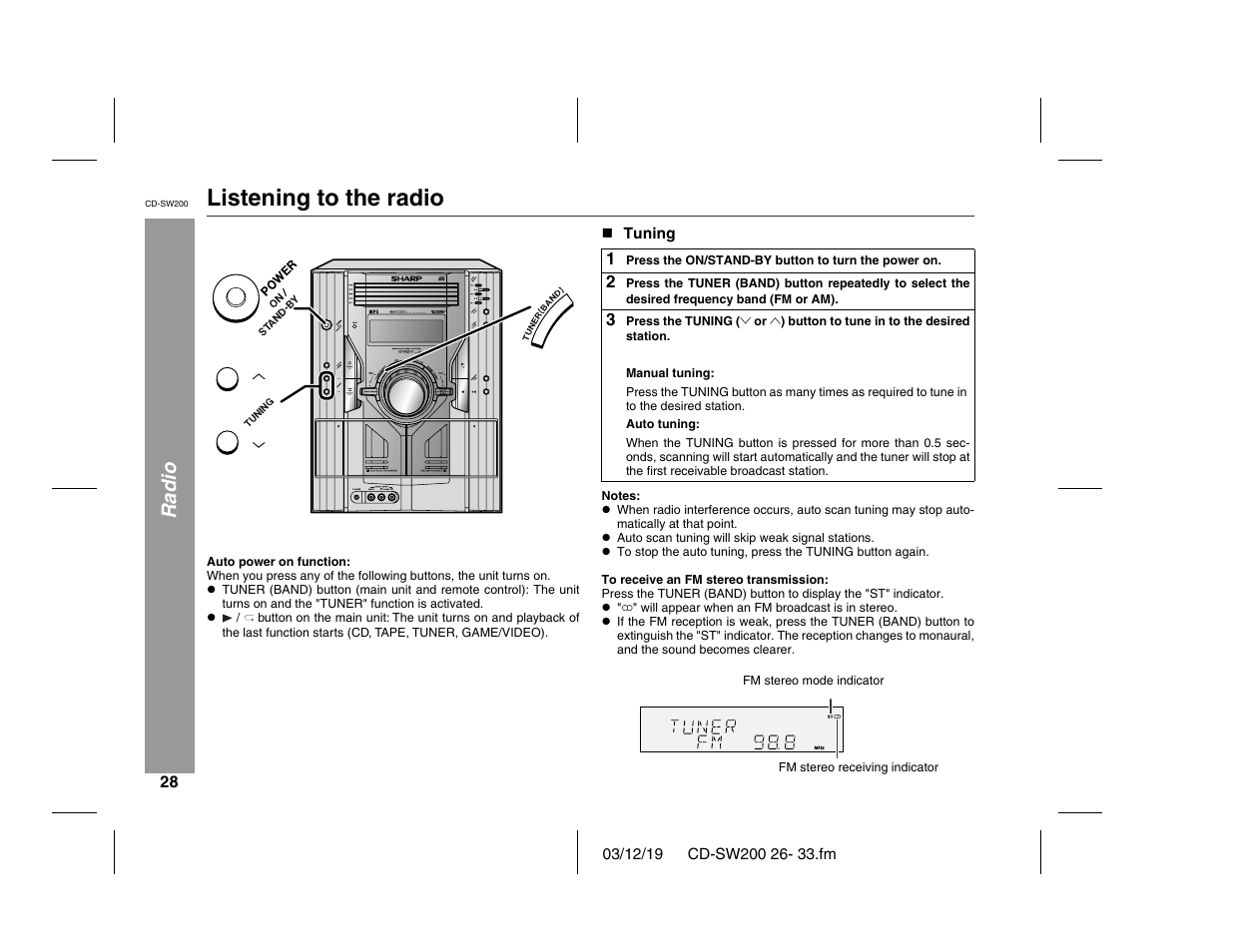 Listening to the radio, Radio | Sharp CD-SW200 User Manual | Page 28 / 44