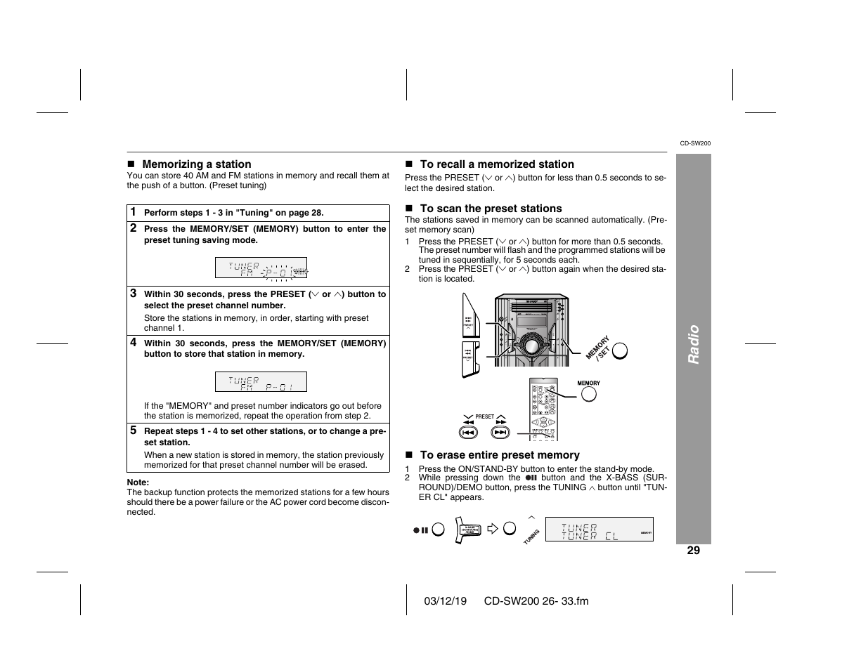 Radio, Cd-sw200 | Sharp CD-SW200 User Manual | Page 29 / 44