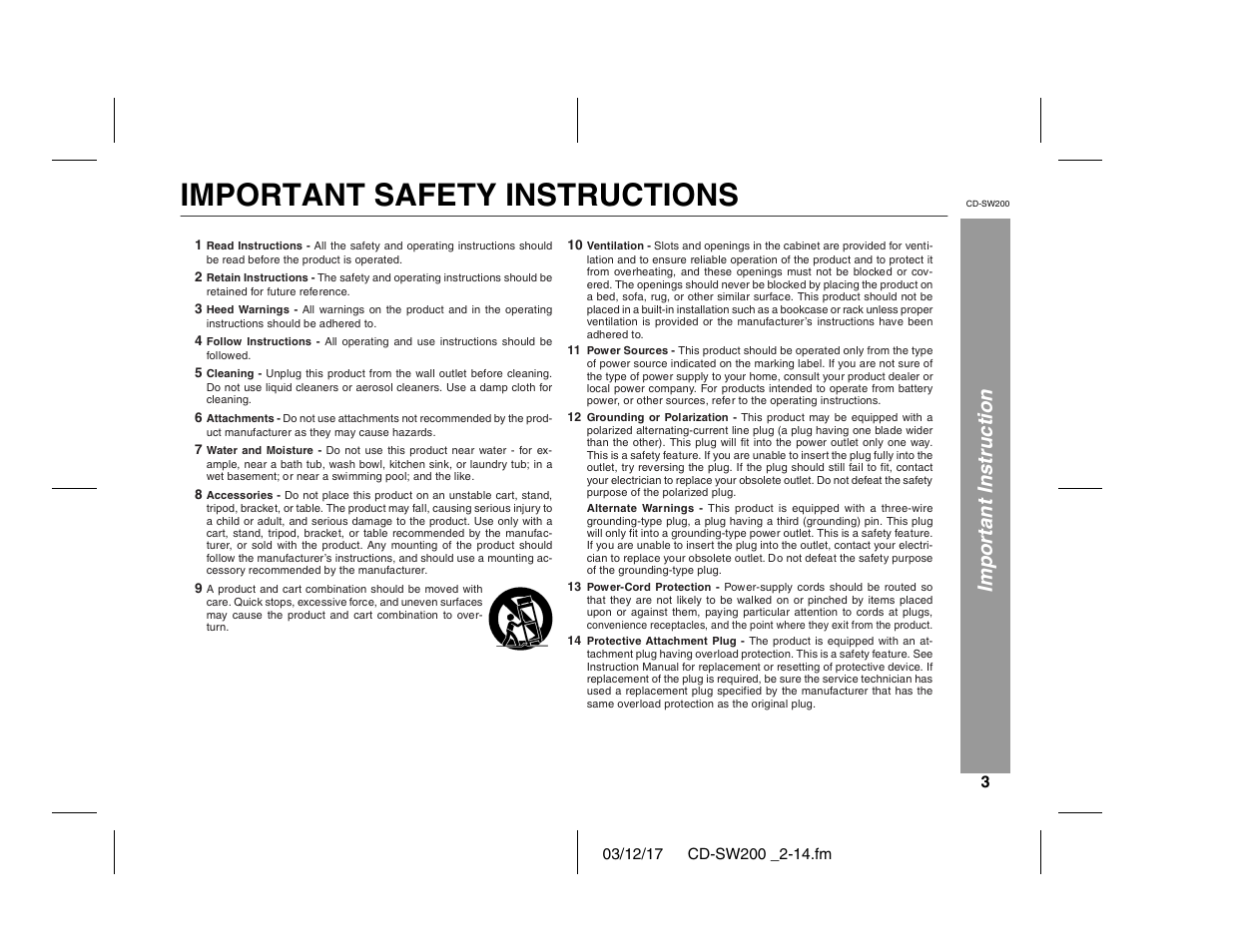 Important safety instructions, Important instruction | Sharp CD-SW200 User Manual | Page 3 / 44