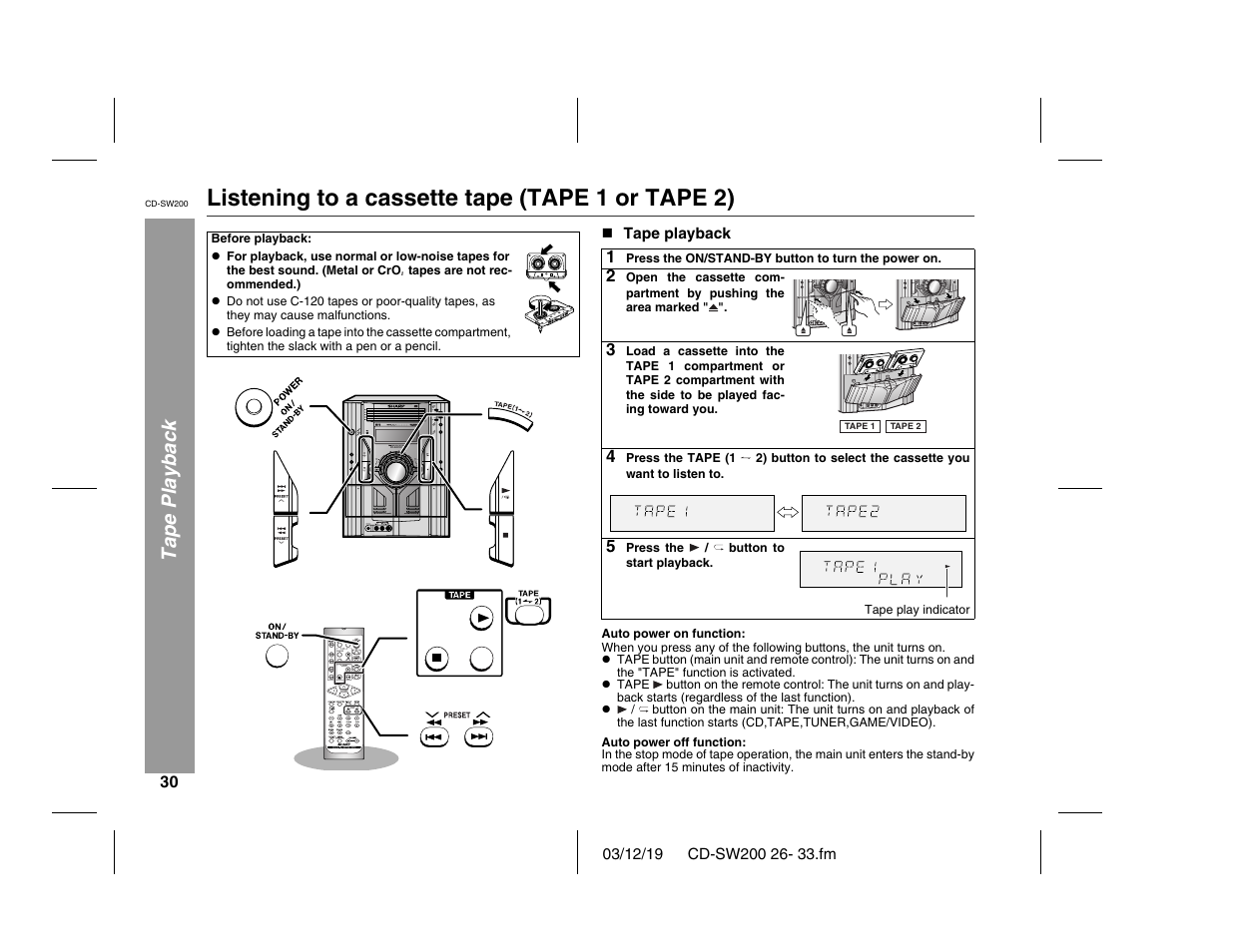 Listening to a cassette tape (tape 1 or tape 2), Tape playback, Cd-sw200 | Sharp CD-SW200 User Manual | Page 30 / 44