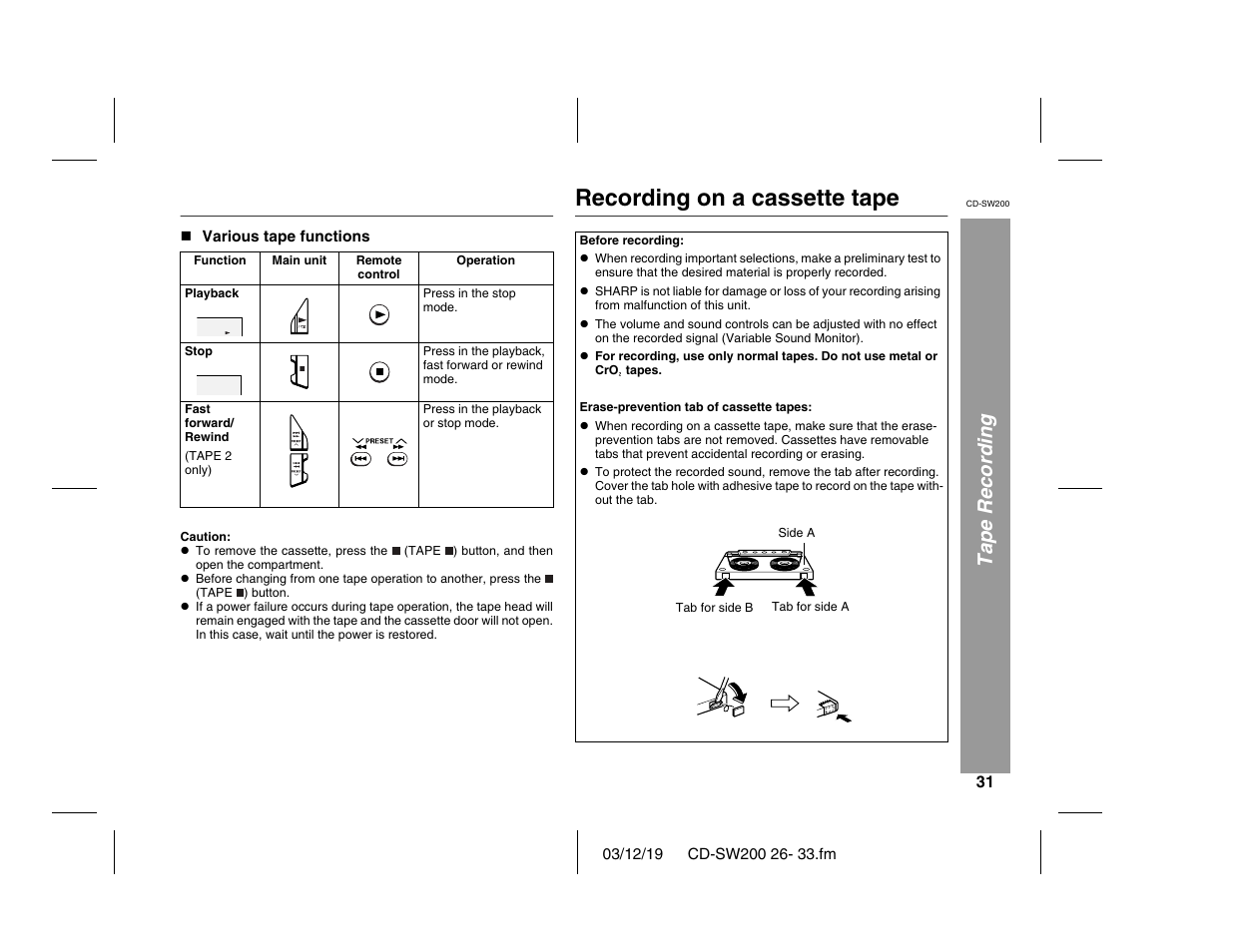 Recording on a cassette tape, Tape recording | Sharp CD-SW200 User Manual | Page 31 / 44