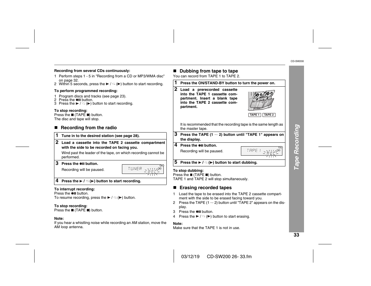 Tape recording | Sharp CD-SW200 User Manual | Page 33 / 44