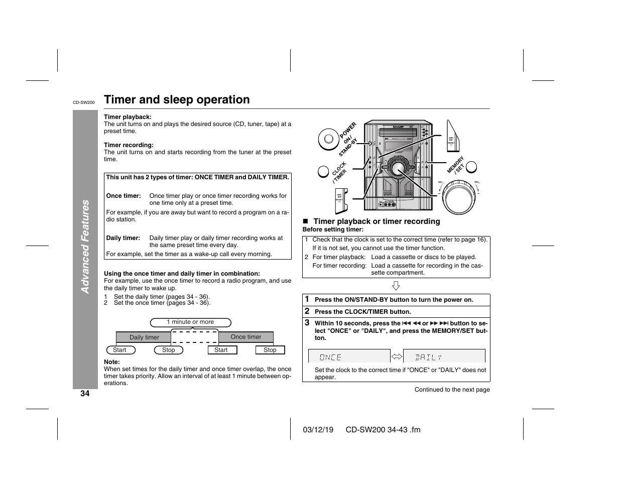 Timer and sleep operation, Advanced features | Sharp CD-SW200 User Manual | Page 34 / 44