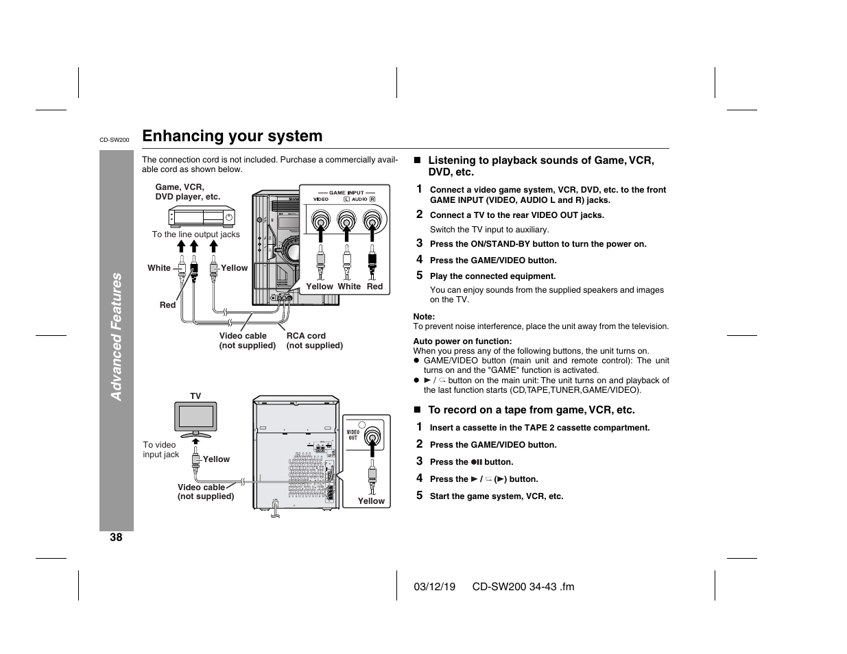 Enhancing your system, Advanced features | Sharp CD-SW200 User Manual | Page 38 / 44