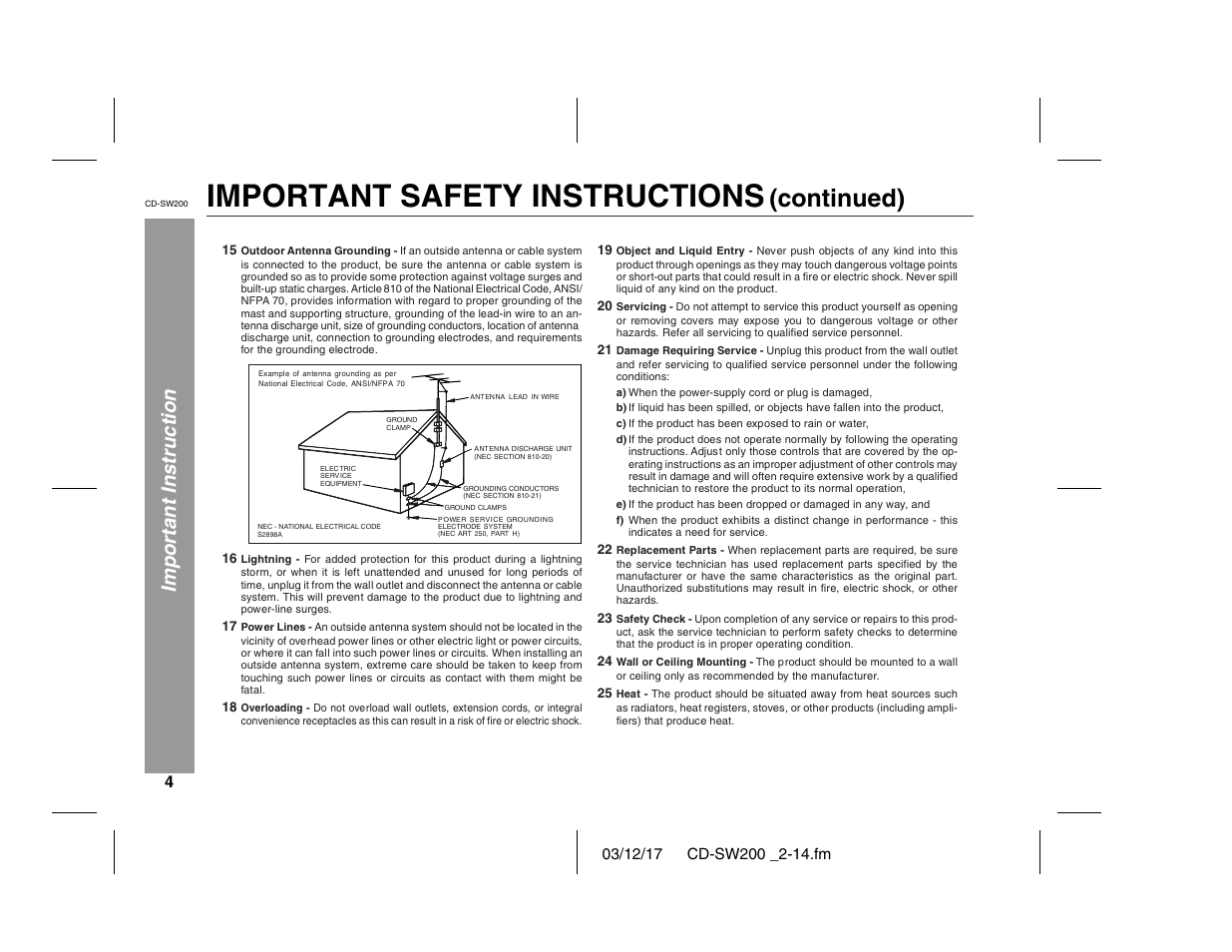 Important safety instructions, Continued), Important instruction | Sharp CD-SW200 User Manual | Page 4 / 44