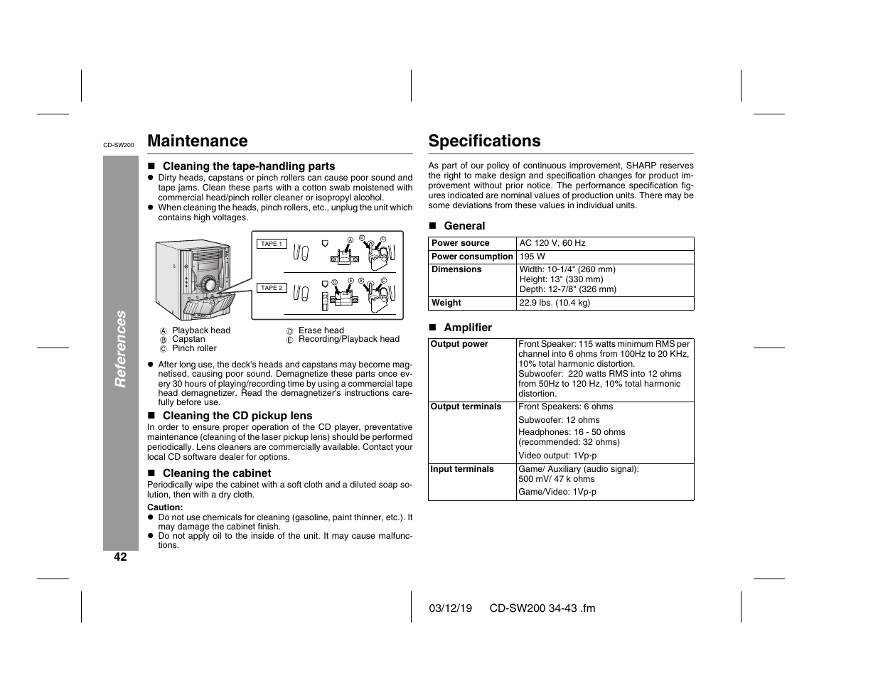 Maintenance, Specifications, References | Sharp CD-SW200 User Manual | Page 42 / 44