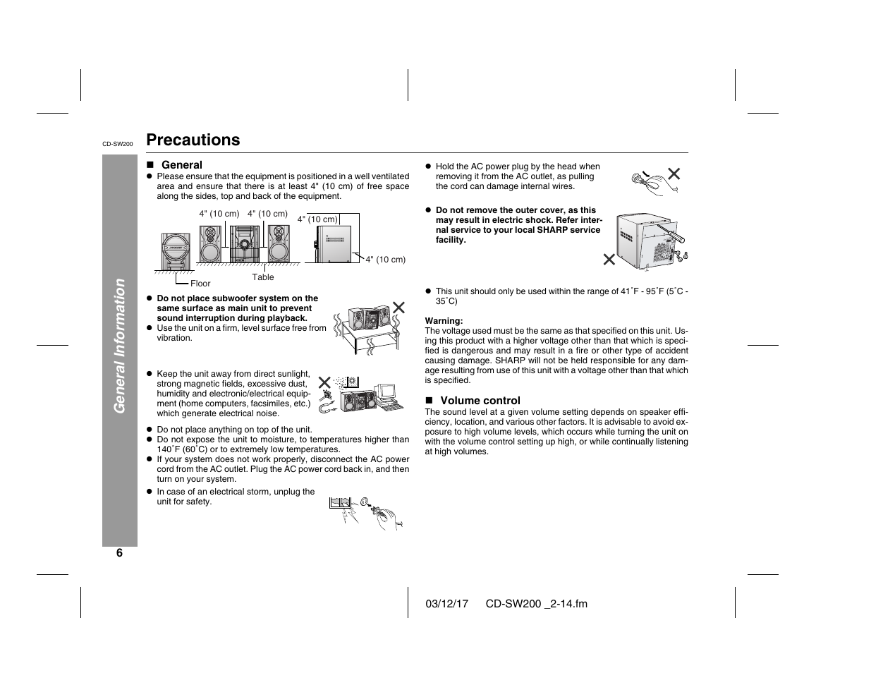 Precautions, General information | Sharp CD-SW200 User Manual | Page 6 / 44