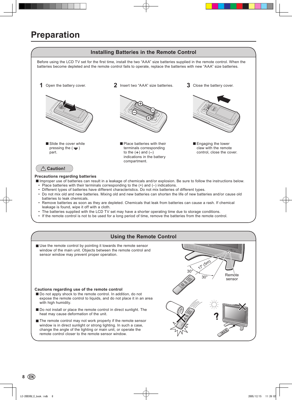 Preparation, Installing batteries in the remote control, Using the remote control | Sharp Aquos LC 20D30U User Manual | Page 10 / 45