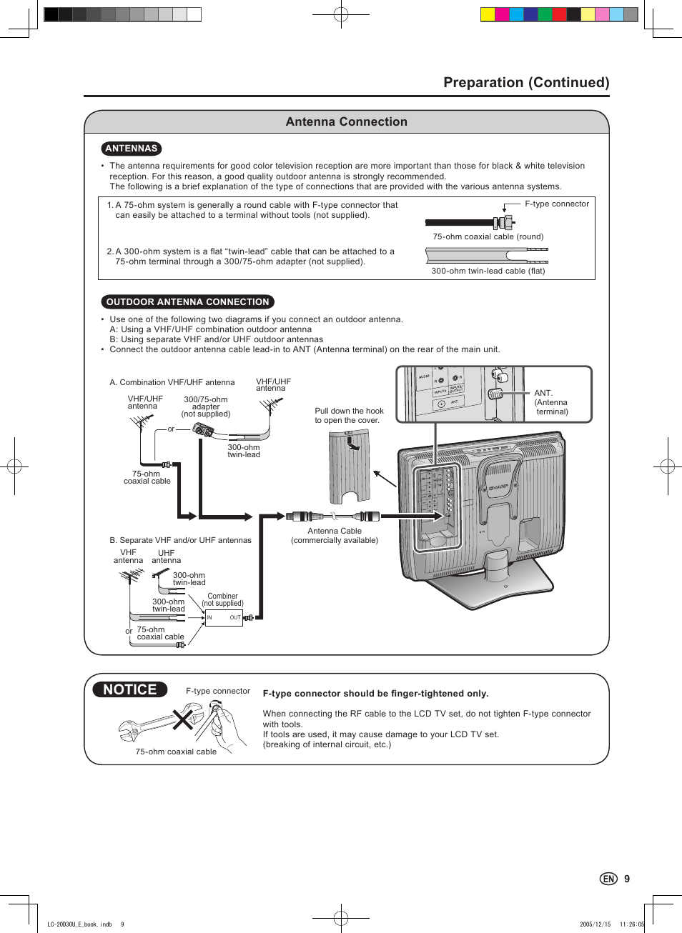 Preparation (continued), Notice, Antenna connection | Sharp Aquos LC 20D30U User Manual | Page 11 / 45