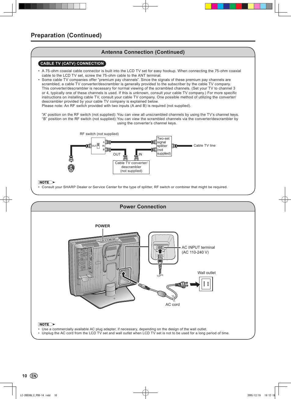 Preparation (continued), Antenna connection (continued), Power connection | Sharp Aquos LC 20D30U User Manual | Page 12 / 45