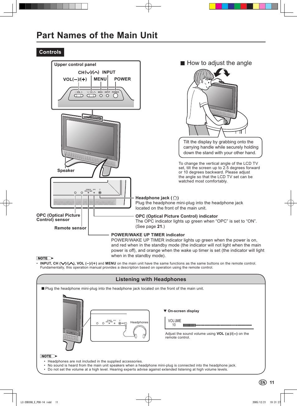 Part names of the main unit, How to adjust the angle, Controls | Listening with headphones | Sharp Aquos LC 20D30U User Manual | Page 13 / 45