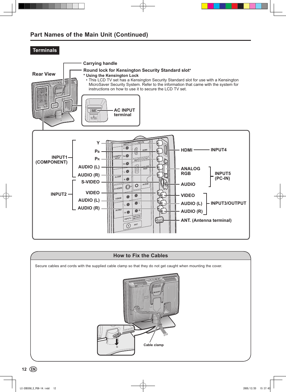 Part names of the main unit (continued) | Sharp Aquos LC 20D30U User Manual | Page 14 / 45