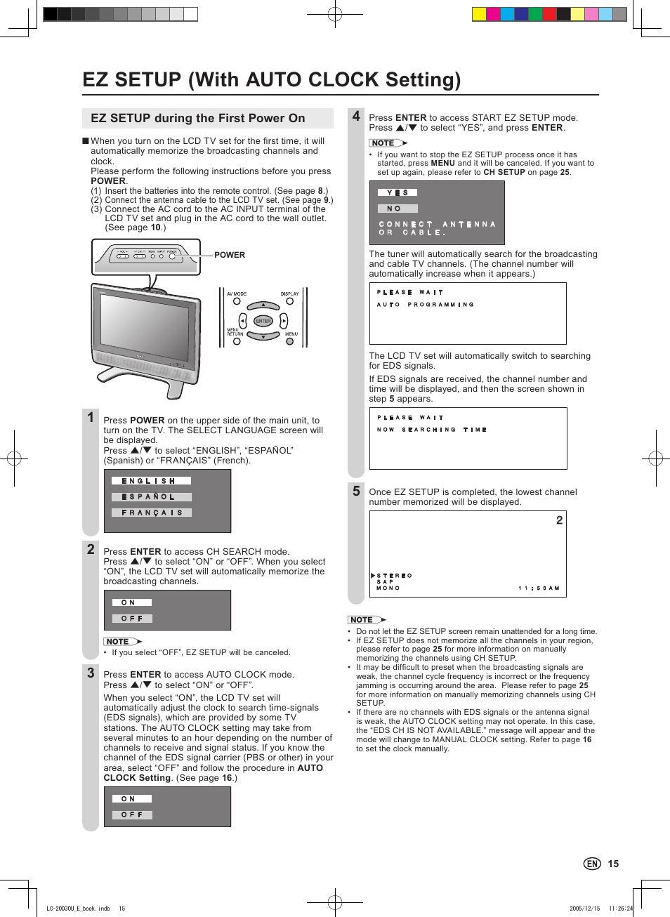 Ez setup (with auto clock setting), Ez setup during the first power on | Sharp Aquos LC 20D30U User Manual | Page 17 / 45