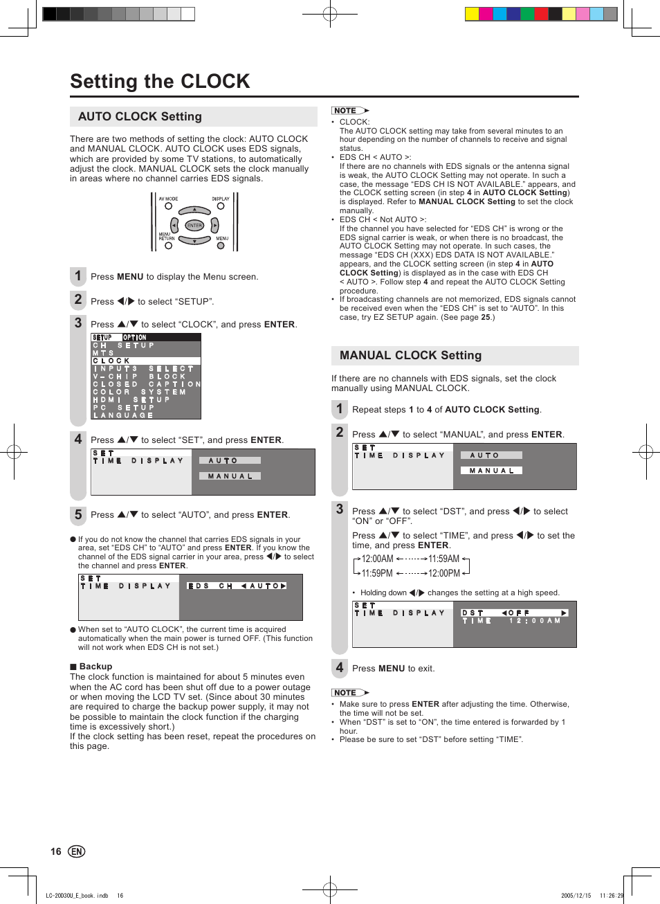 Setting the clock, Auto clock setting, Manual clock setting | Sharp Aquos LC 20D30U User Manual | Page 18 / 45