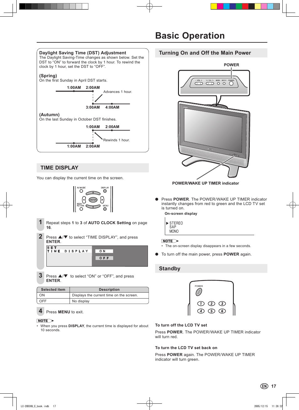 Basic operation, Time display, Turning on and off the main power | Standby | Sharp Aquos LC 20D30U User Manual | Page 19 / 45