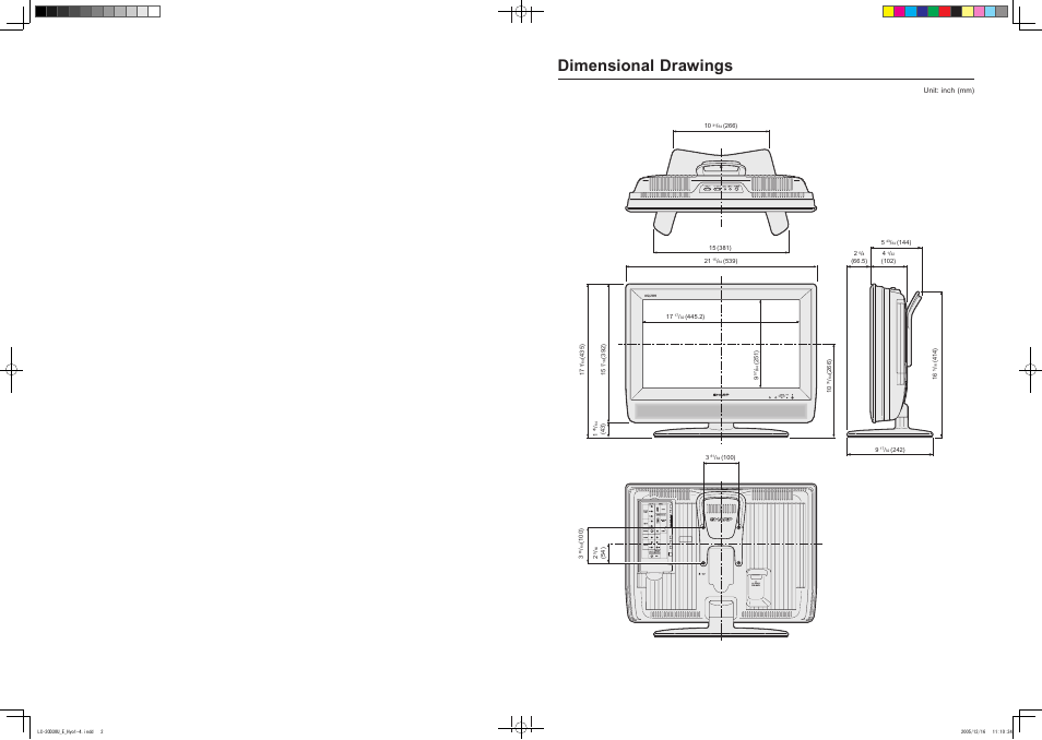 Dimensional drawings, Unit: inch (mm) | Sharp Aquos LC 20D30U User Manual | Page 2 / 45