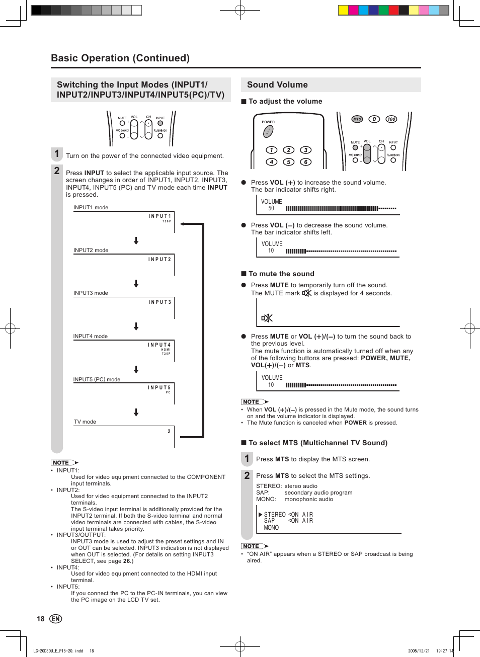 Basic operation (continued), Sound volume | Sharp Aquos LC 20D30U User Manual | Page 20 / 45